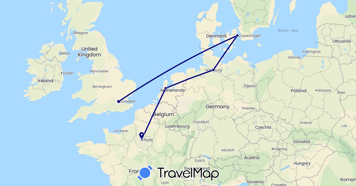 TravelMap itinerary: driving in Germany, Denmark, France, United Kingdom, Netherlands (Europe)